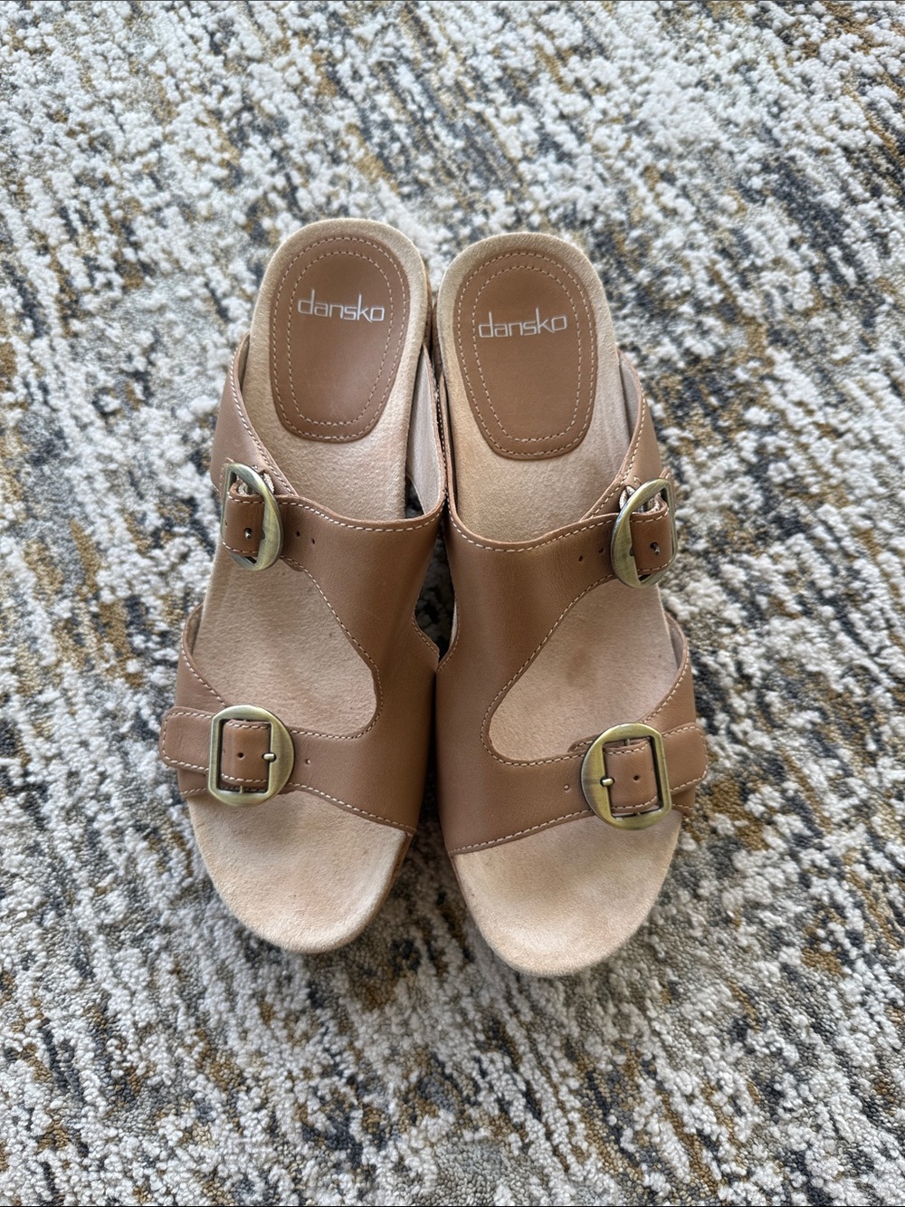 Dansko Tan Leather Double Buckle Slide Sandals